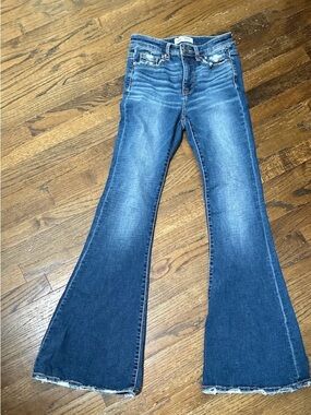 BKE Women's Blue Flare Jeans - Distressed Mid Wash
